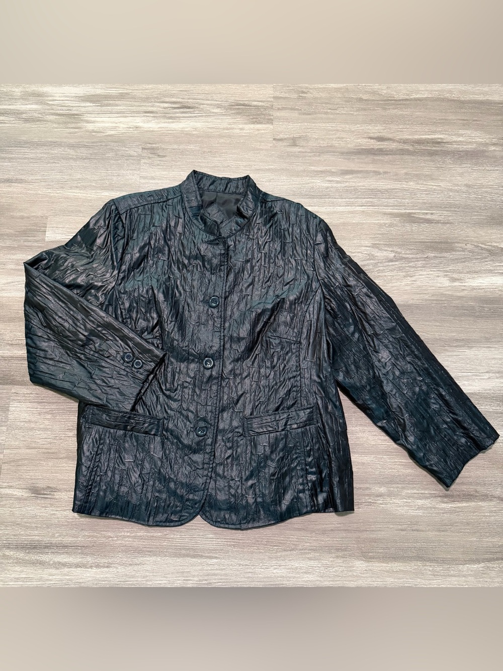 Vintage 90s Blue Black Crinkle Textured Blazer Jacket Button Front Womens Sz 1X
